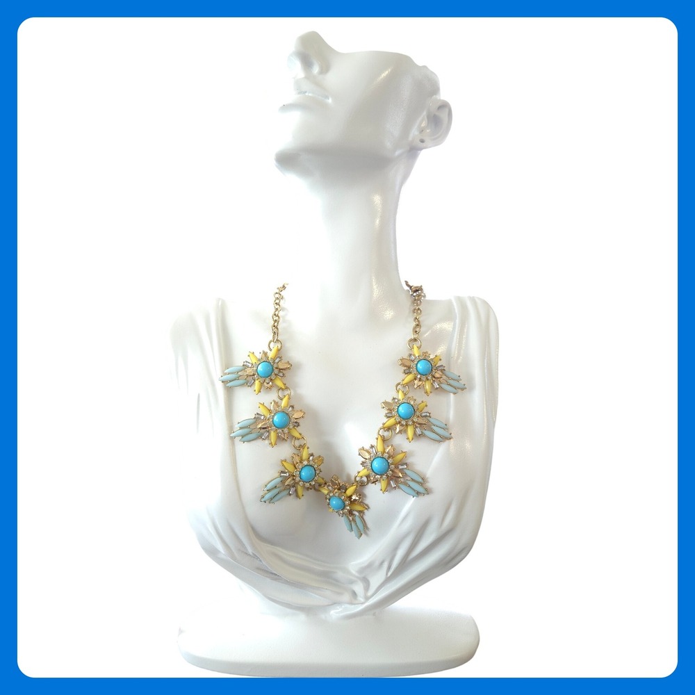 Statement Vintage Floral Bib Necklace Turquoise Yellow Gold Tone Costume Jewelry